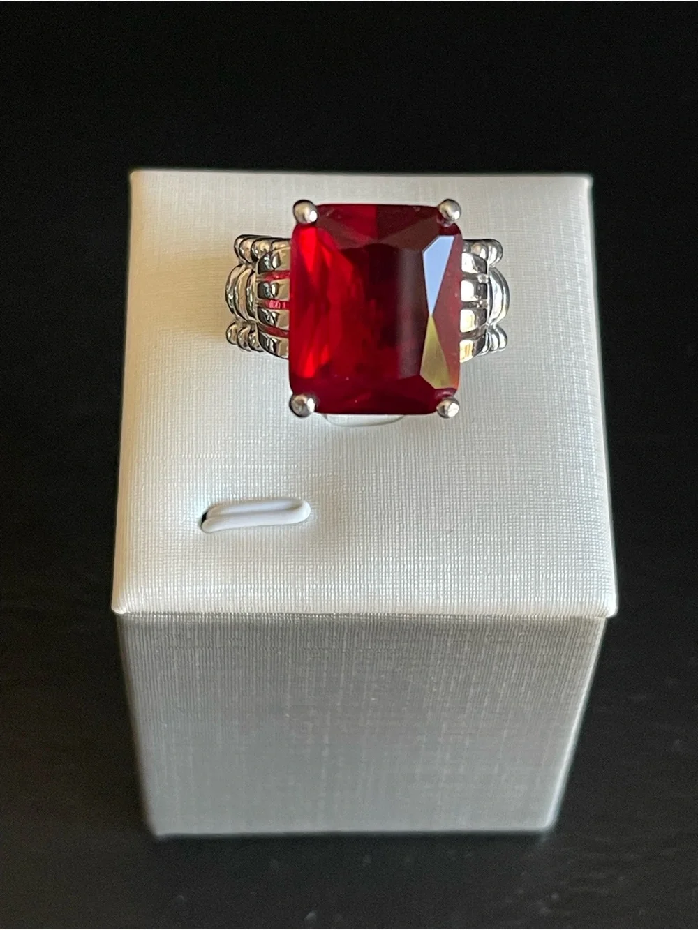 Emerald cut red rhinestone Statement Ring .